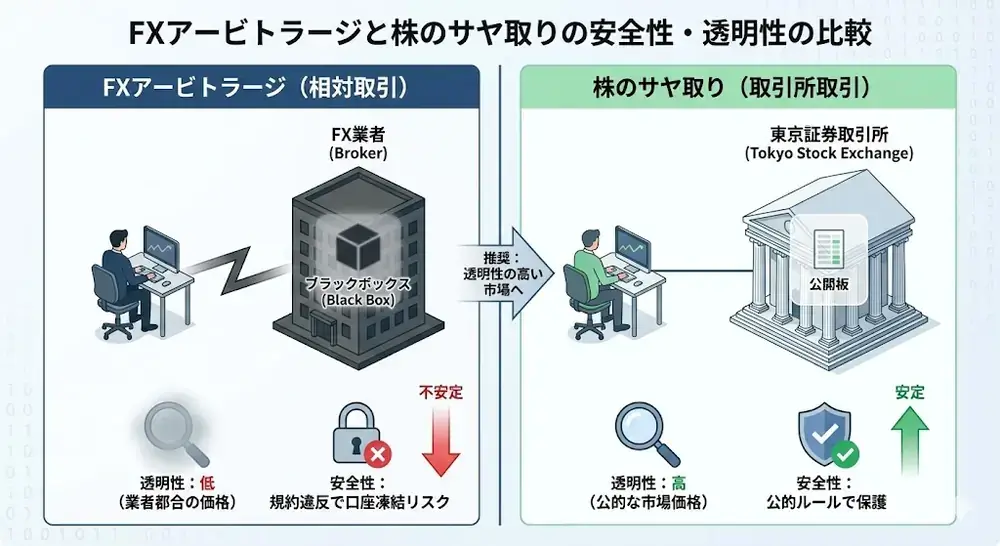 FXアービトラージと株のサヤ取りの安全性・透明性の比較