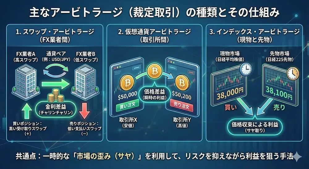 アービトラージ（裁定取引）の主な種類と仕組みの解説図