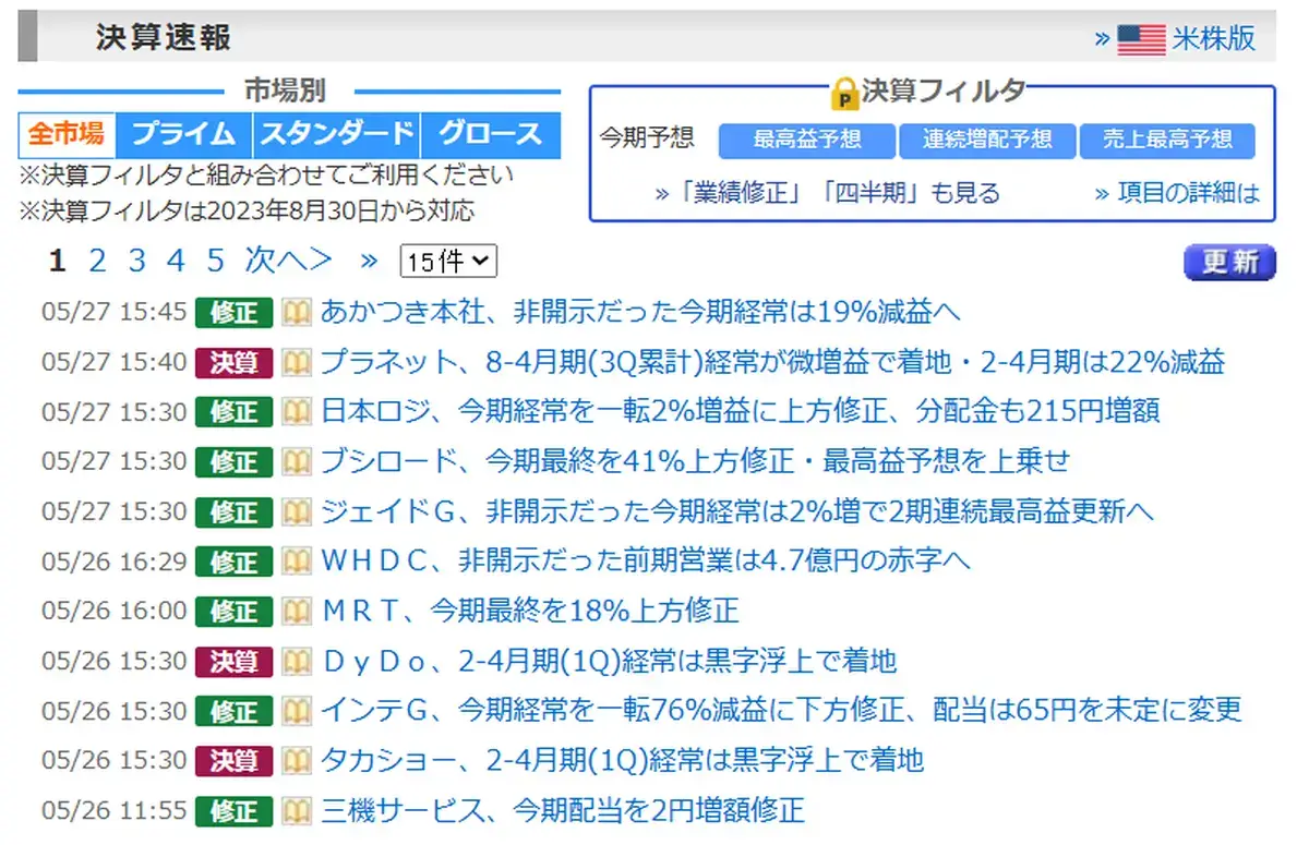 株探の決算速報画面