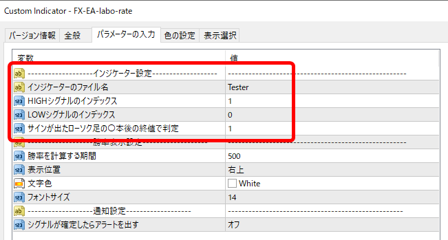 勝率表示インジケーターのパラメーター