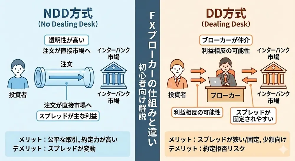 FXのDD方式・NDD方式の違いを初心者向けに解説。仕組み・メリット・デメリットからEAやスキャルに向く業者比較まで網羅。知らずに損しないための完全ガイド。