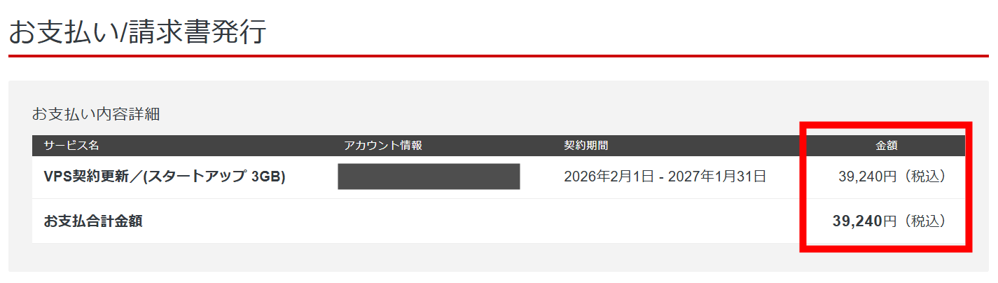 シンVPS1年契約更新時の料金