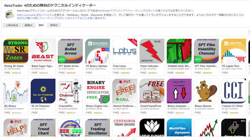 MQL5.comの無料インジケーター検索画面